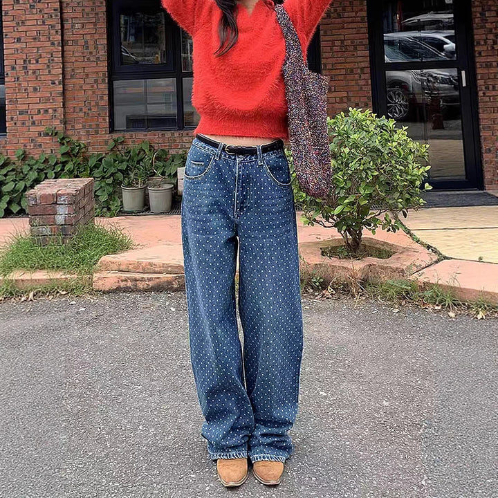 Damen hochgeschnittene weite Denimhose mit durchgehendem Punktmuster und klassischem Taschen-Design Nord Taschen