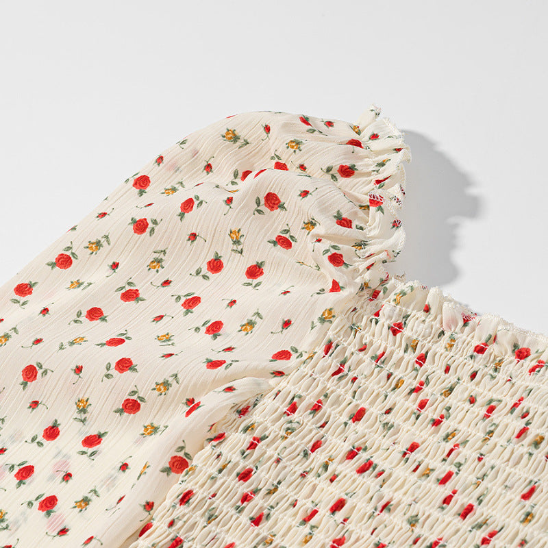 Damen Gesmoktes Cropped-Top mit Puffärmeln und Blumendessin Nord Taschen