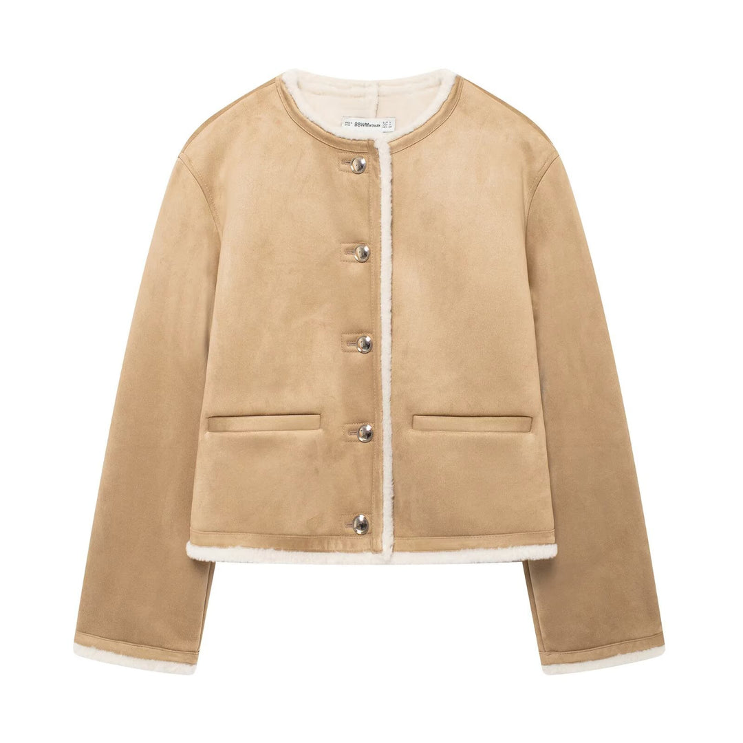 Damen Kurze Lammfelloptik-Cardiganjacke aus Veloursimitat mit Rundhals und Druckknöpfen Nord Taschen