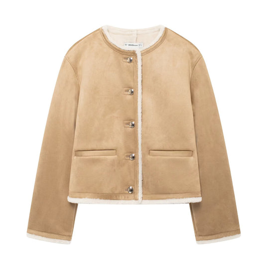 Damen Kurze Lammfelloptik-Cardiganjacke aus Veloursimitat mit Rundhals und Druckknöpfen Nord Taschen