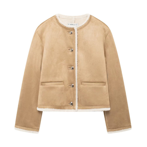 Damen Kurze Lammfelloptik-Cardiganjacke aus Veloursimitat mit Rundhals und Druckknöpfen Nord Taschen