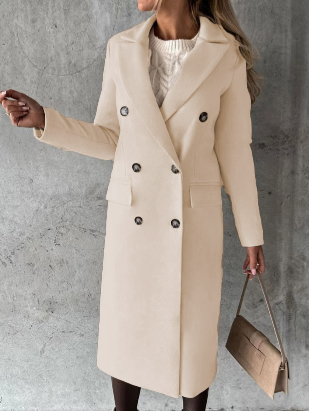 Damen Doppelreihiger Wollmantel im Longline‑Schnitt mit Reverskragen und Pattentaschen Nord Taschen
