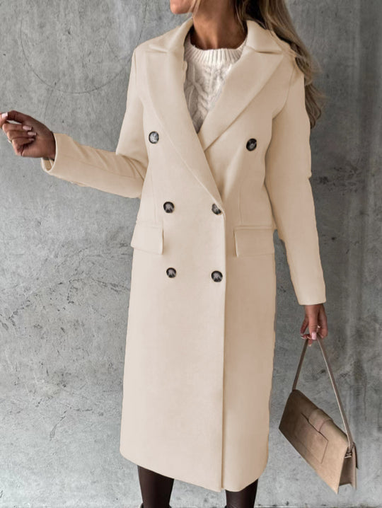 Damen Doppelreihiger Wollmantel im Longline‑Schnitt mit Reverskragen und Pattentaschen Nord Taschen