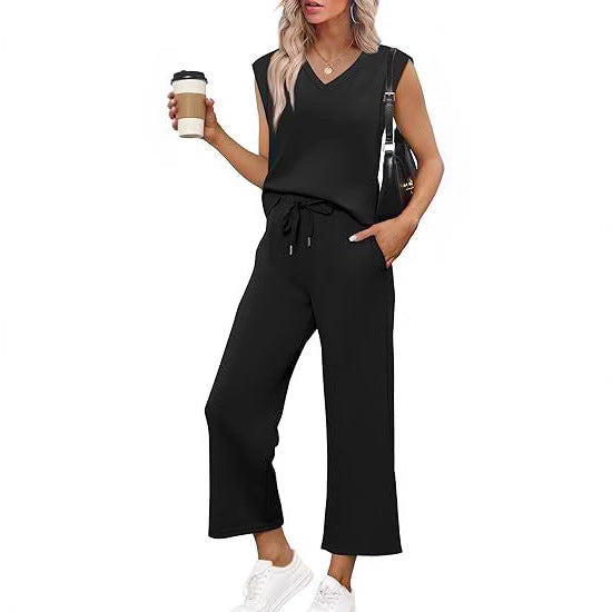 Damen Lässiges Zweiteiliges Lounge-Set mit Ärmellosem V-Neck-Top und Weiten Kordelbund-Hosen Nord Taschen