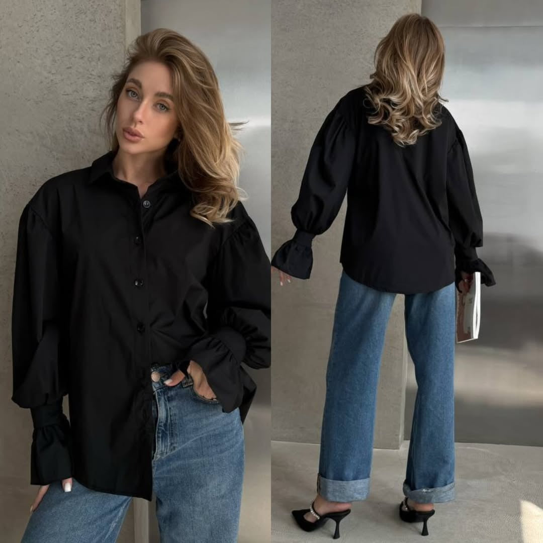 Damen Oversized-Bluse mit Volant-Manschetten und Ballonärmeln Nord Taschen