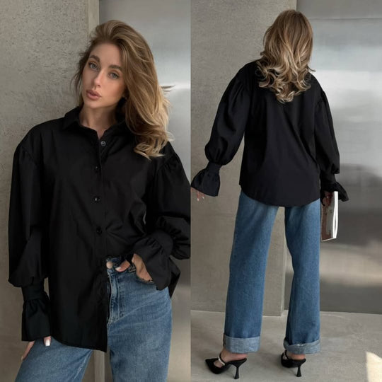 Damen Oversized-Bluse mit Volant-Manschetten und Ballonärmeln Nord Taschen
