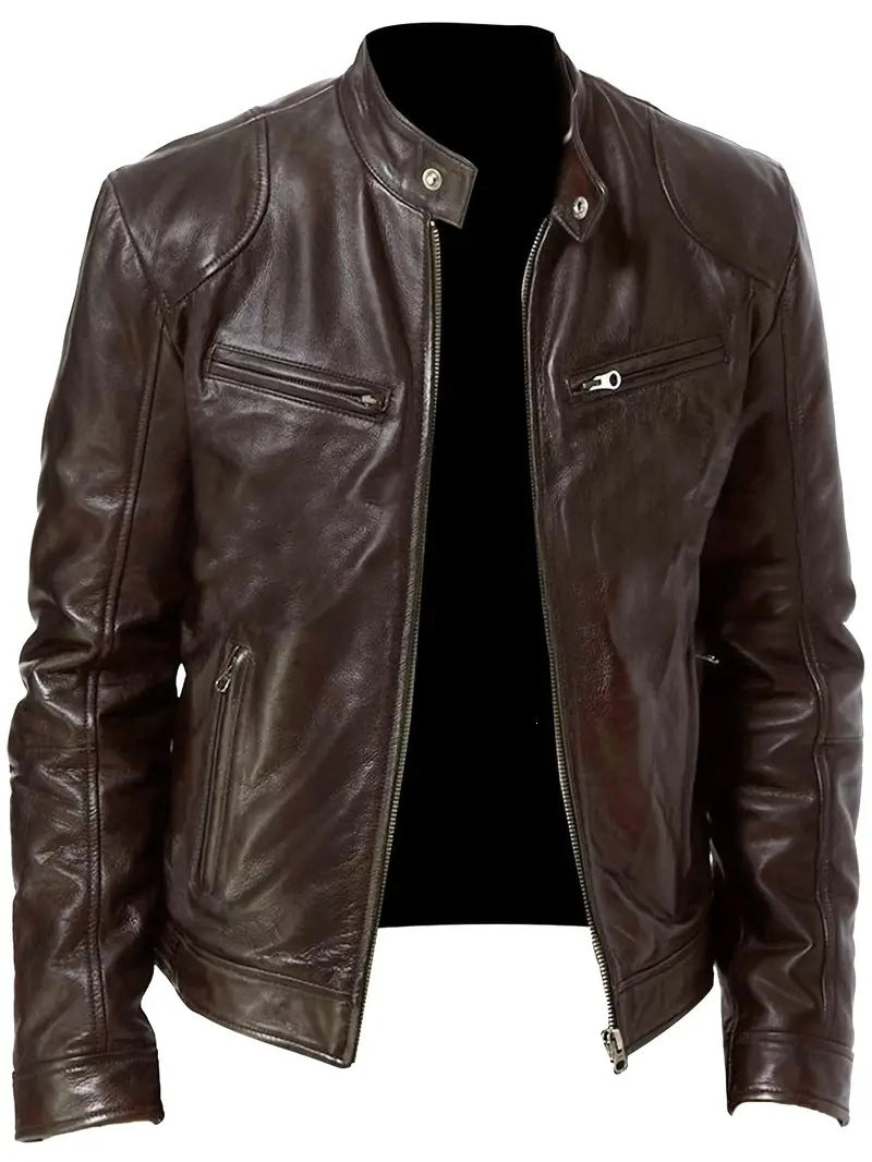 Herren Slim-Fit Lederjacke im Bikerstil mit Stehkragen, Reißverschlusstaschen und weichem Lammnappa Nord Taschen