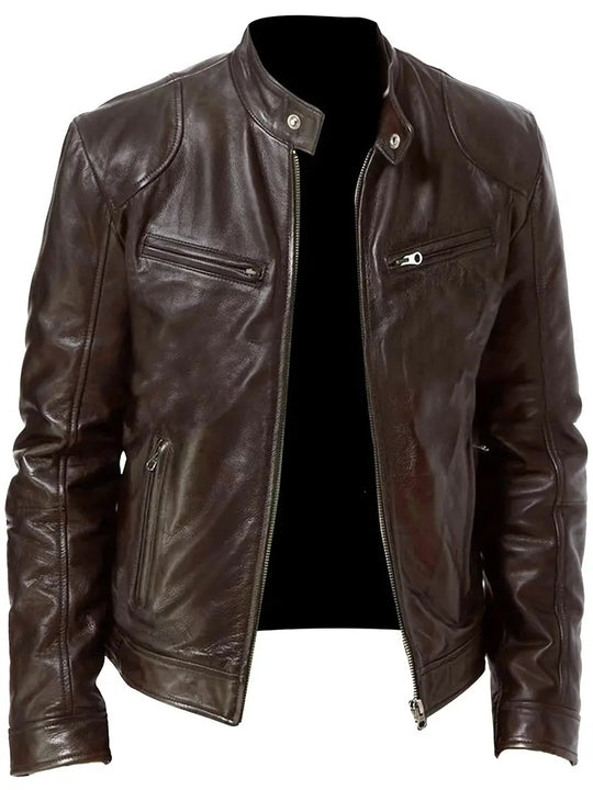 Herren Slim-Fit Lederjacke im Bikerstil mit Stehkragen, Reißverschlusstaschen und weichem Lammnappa Nord Taschen