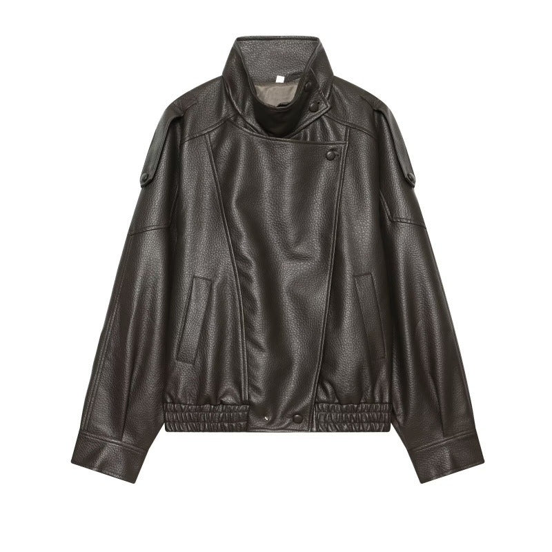 Damen Kunstleder-Bomberjacke mit hohem Stehkragen, asymmetrischem Verschluss und elastischem Saum Nord Taschen