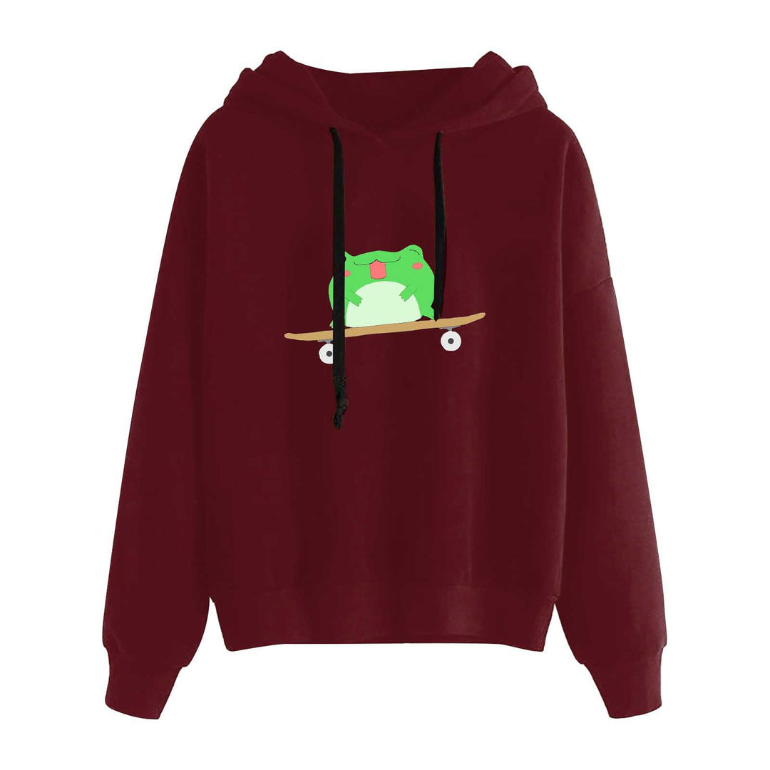 Damen nan kurz geschnittener Cropped-Kapuzenpullover mit niedlicher Frosch-Illustration und verstellbarer Kapuze Nord Taschen