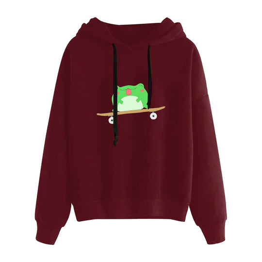 Damen nan kurz geschnittener Cropped-Kapuzenpullover mit niedlicher Frosch-Illustration und verstellbarer Kapuze Nord Taschen