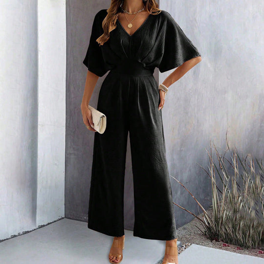 Damen Weit geschnittener Jumpsuit mit eleganten Drapierungen und V-Ausschnitt Nord Taschen