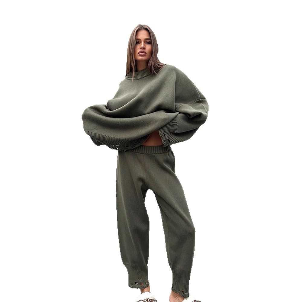 Damen Oversize-Strickset aus Feinstrick mit Destroyed-Saum, weitem Pullover und legerer Schlupfhose Nord Taschen