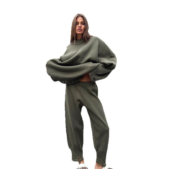 Damen Oversize-Strickset aus Feinstrick mit Destroyed-Saum, weitem Pullover und legerer Schlupfhose Nord Taschen
