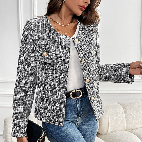 Damen Kurzblazer im Bouclé-Tweed mit rundem Ausschnitt & goldenen Zierknöpfen Nord Taschen