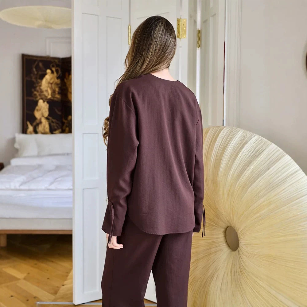 Damen Lässiges Lounge-Set mit V‑Ausschnitt, Knopfleiste und Zugbändern Nord Taschen