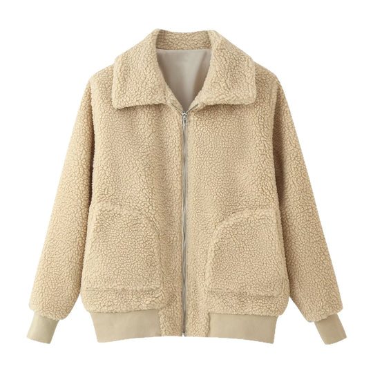 Damen Oversized Teddyjacke mit Reißverschluss, Kragen und aufgesetzten Taschen Nord Taschen