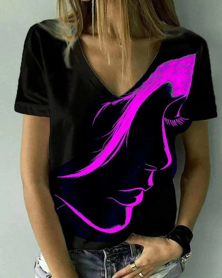 Damen V-Ausschnitt T-Shirt mit kreativem Grafikdruck