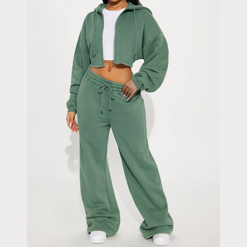 Damen gekürztes Reißverschluss-Kapuzenoberteil und hochtaillierte weite Fleece-Jogginghose Set Nord Taschen