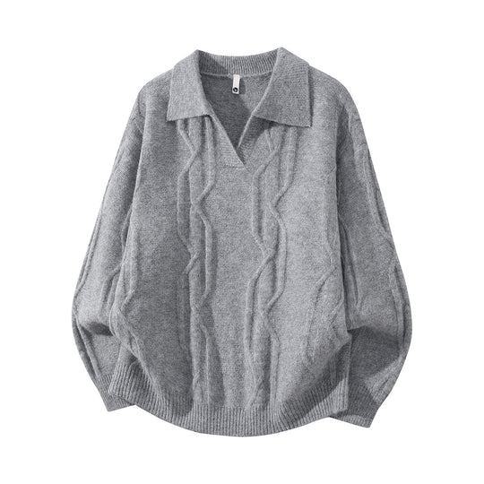 Damen Oversize Mohair‑Optik Zopfstrickpullover mit Polokragen und V‑Ausschnitt Nord Taschen
