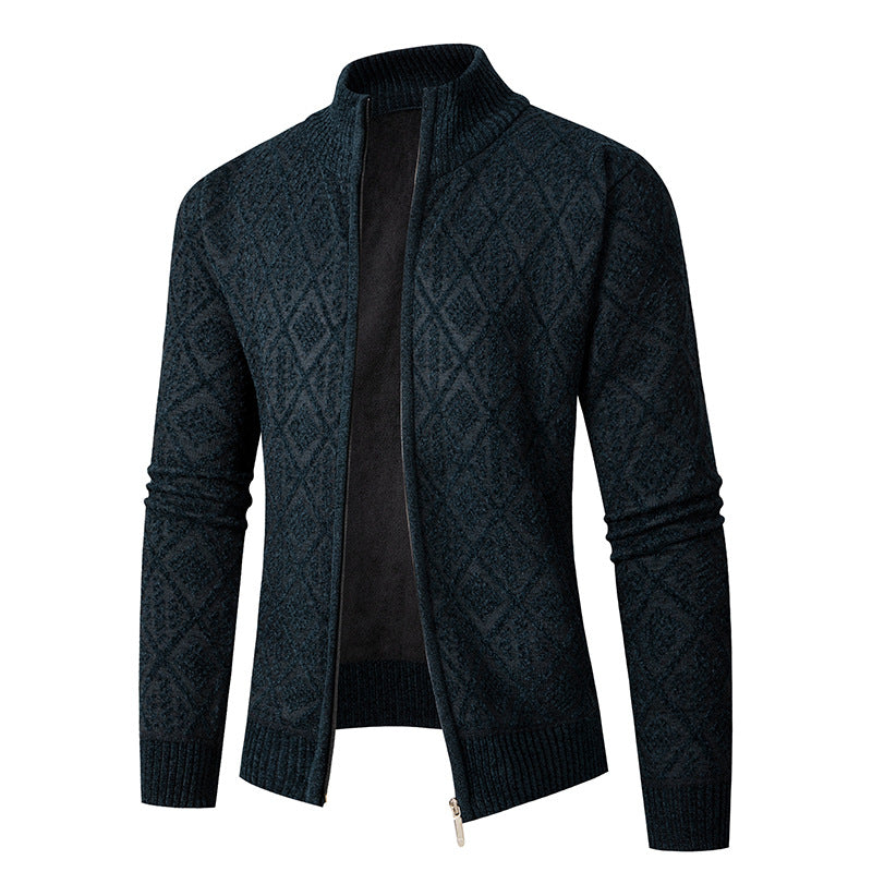 Herren Strickzipjacke mit Diamantjacquard, Stehkragen und Zweiwege-Reißverschluss Nord Taschen