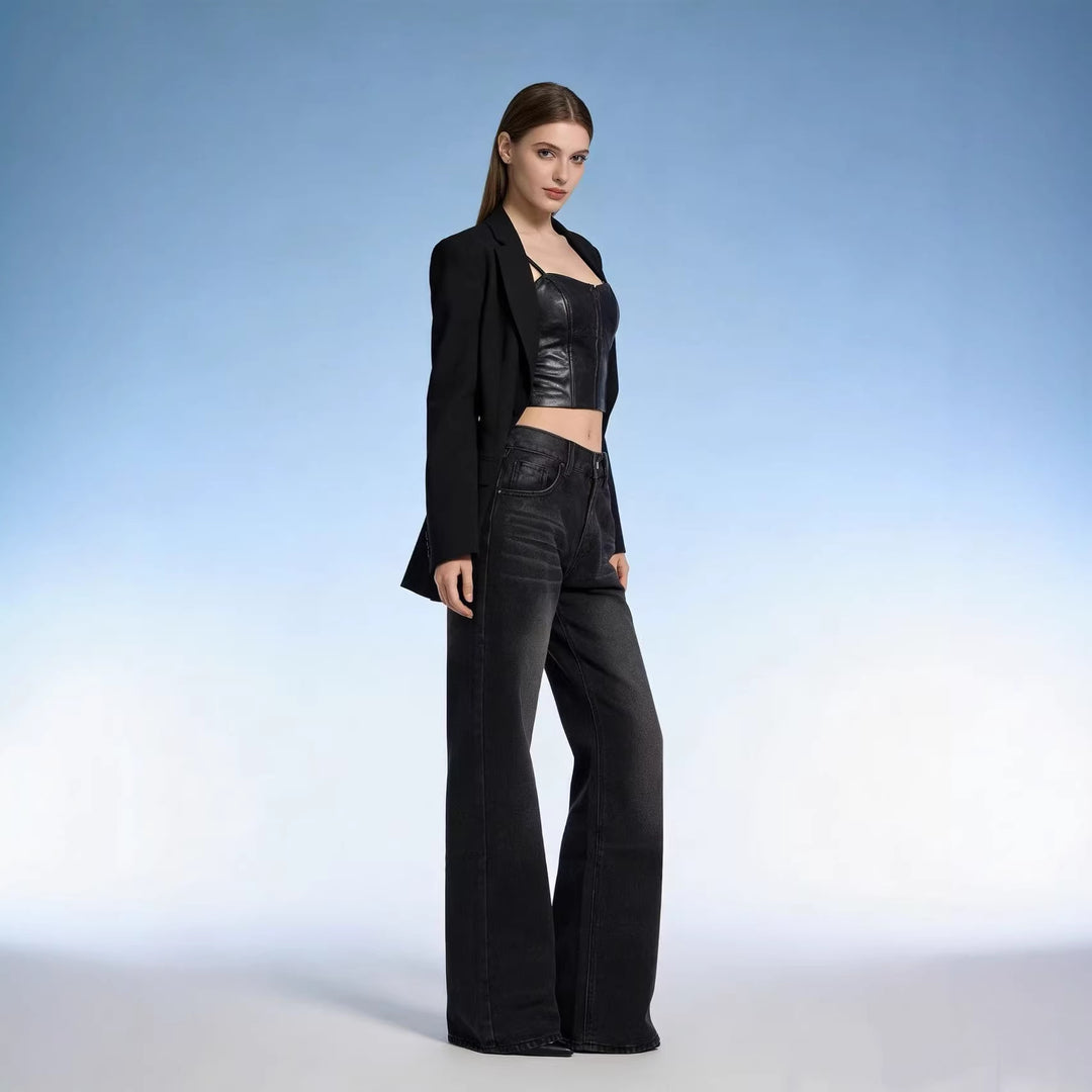 Damen hochgeschnittene Jeans mit schmaler Hüftpassform und weitem Schlag im Retro-Stil Nord Taschen