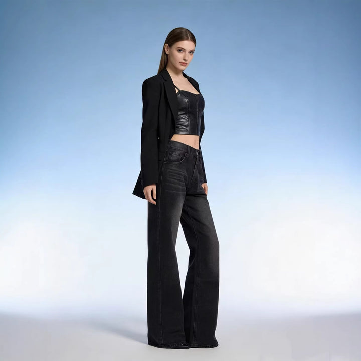 Damen hochgeschnittene Jeans mit schmaler Hüftpassform und weitem Schlag im Retro-Stil Nord Taschen