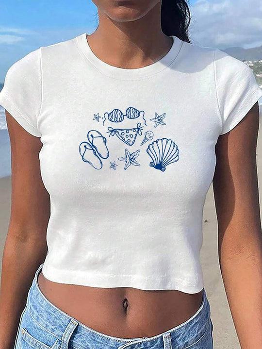 Damen Crop-T-Shirt mit kreativem Motiv und figurbetontem Schnitt Nord Taschen