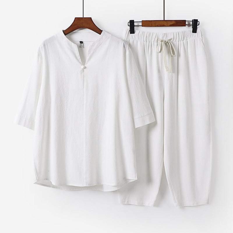 Damen Leichtes Leinen-Baumwoll-Loungewear-Set mit Stehkragen, Dreiviertelärmeln und Gummizugbundhose Nord Taschen