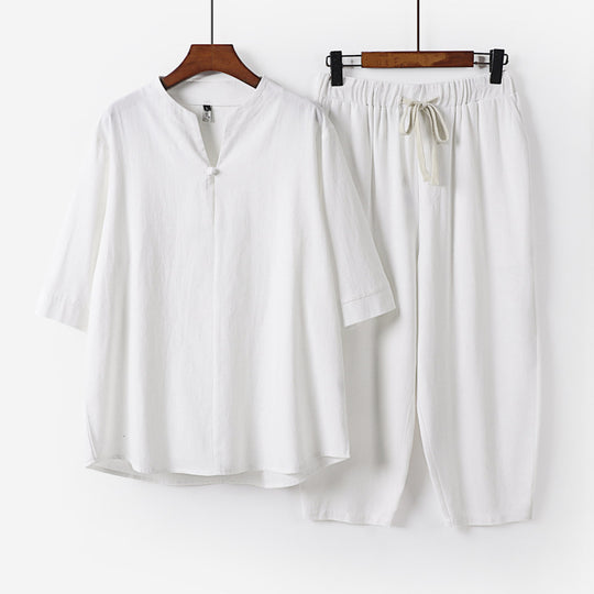 Damen Leichtes Leinen-Baumwoll-Loungewear-Set mit Stehkragen, Dreiviertelärmeln und Gummizugbundhose Nord Taschen