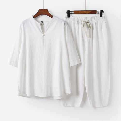Damen Leichtes Leinen-Baumwoll-Loungewear-Set mit Stehkragen, Dreiviertelärmeln und Gummizugbundhose Nord Taschen