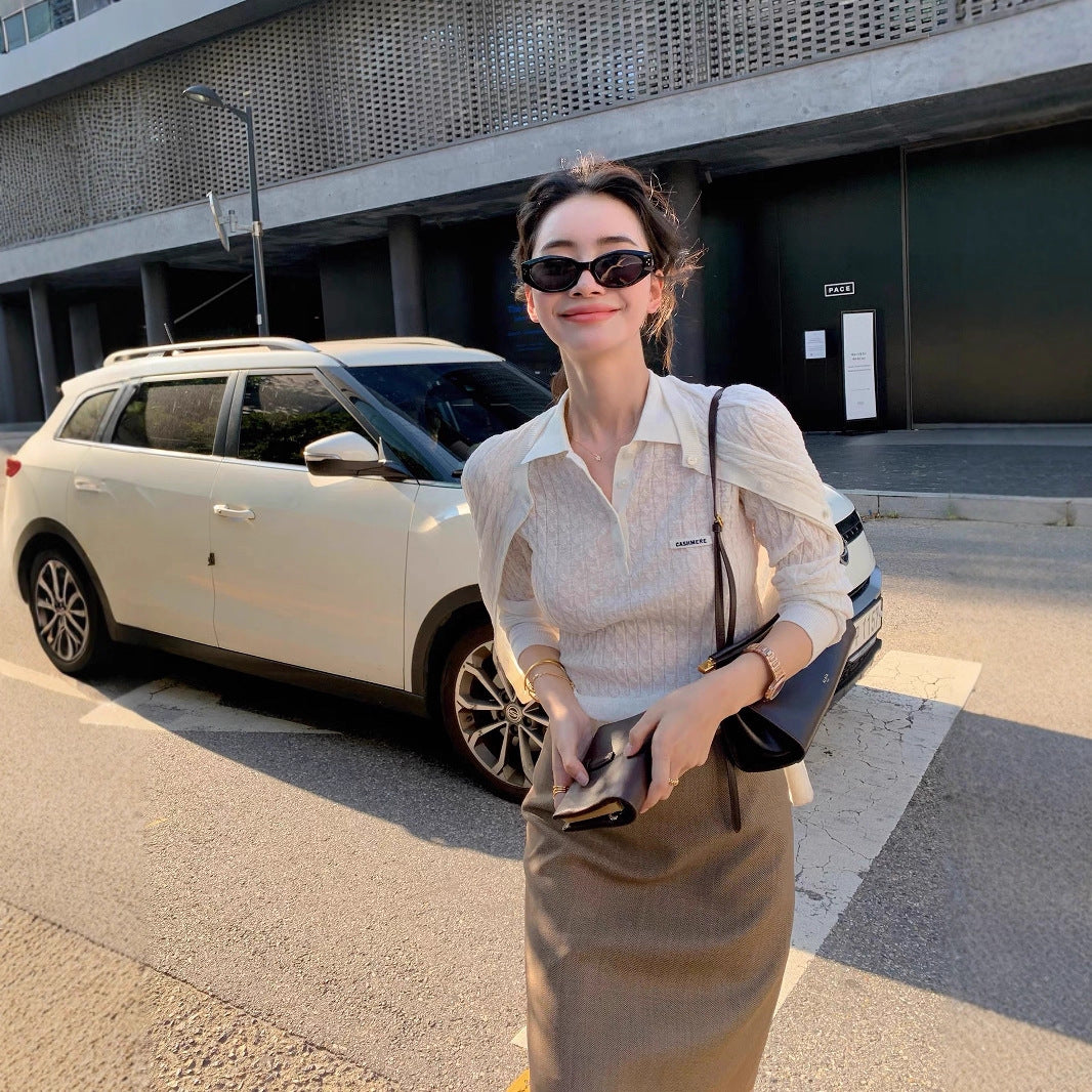 Damen Feinstrick-Polo aus Kaschmir-Mix mit Ajour-Transparenz Nord Taschen