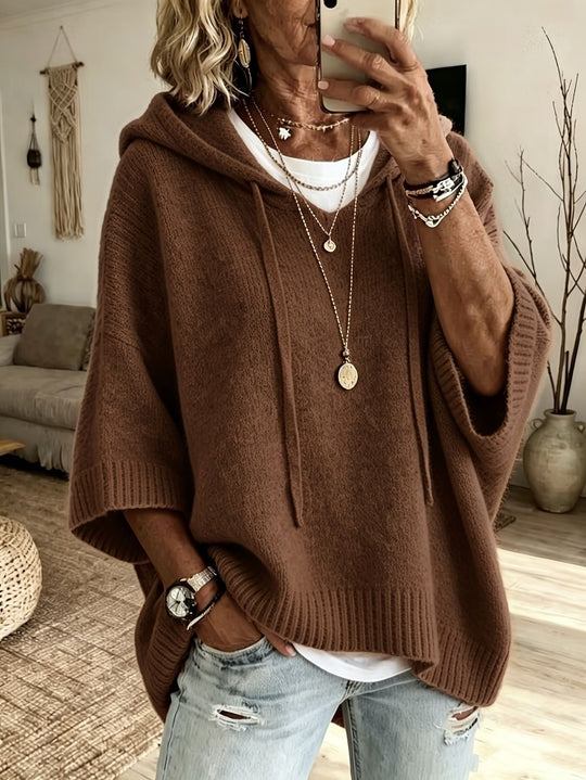Damen Oversize Strick-Poncho mit Kapuze, Fledermausärmeln und Seitenschlitzen Nord Taschen