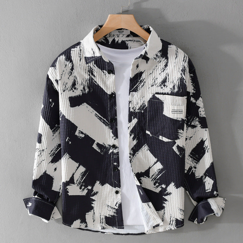 Herren Gekreppte Overshirt‑Hemdjacke mit abstraktem Pinselprint und Brusttasche Nord Taschen