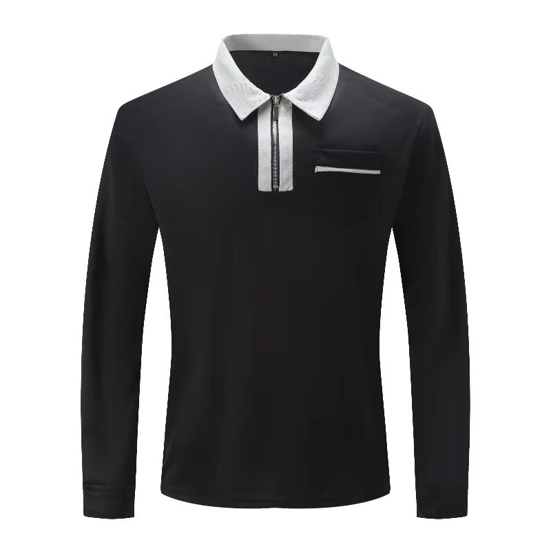 Herren nan elegantes Langarm-Poloshirt mit markantem Stehkragen Metall-Kurzreißverschluss und Brustleistentasche