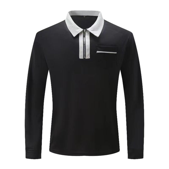 Herren nan elegantes Langarm-Poloshirt mit markantem Stehkragen Metall-Kurzreißverschluss und Brustleistentasche