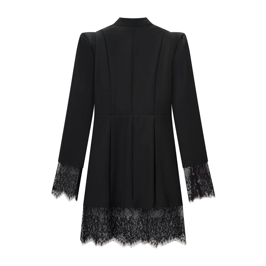 Damen Midikleid mit Stehkragen, Cut-Out‑Front, goldenen Zierverschlüssen und Spitzenbesatz Nord Taschen