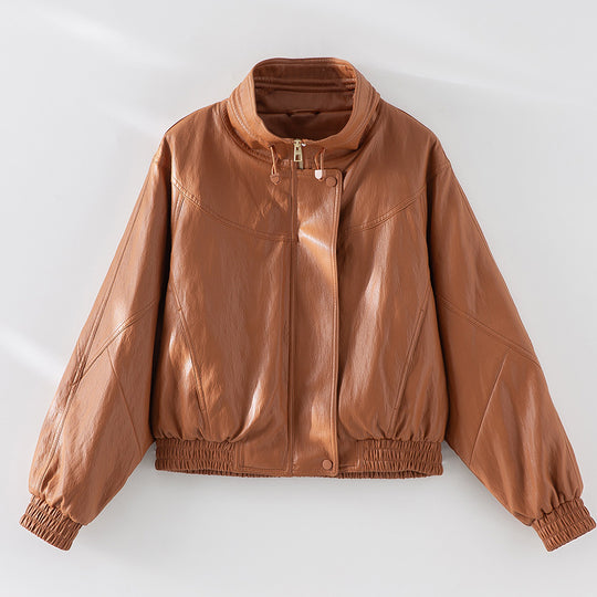 Damen Oversized Lederimitat-Bomberjacke mit Stehkragen und elastischem Saum Nord Taschen