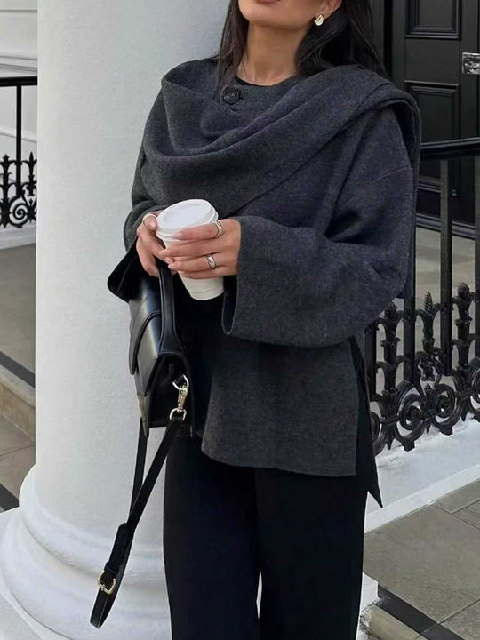 Damen Oversize Wickelponcho-Mantel mit weitem Schalkragen und Ein-Knopf-Detail Nord Taschen