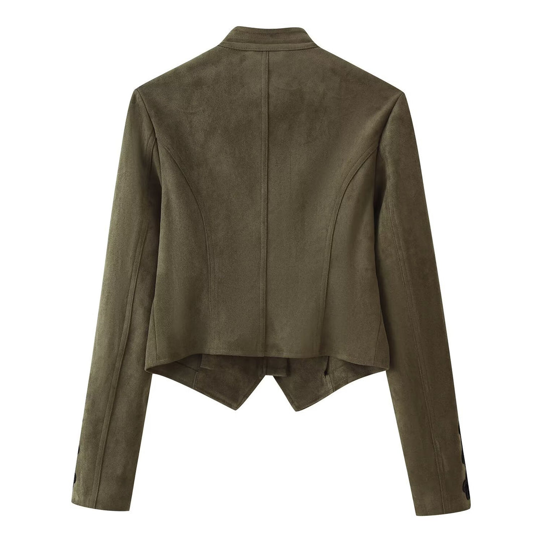 Damen Kurz geschnittene Wildlederjacke im Military‑Look mit Stehkragen und dekorativer Kordelfrosch‑Applikation Nord Taschen