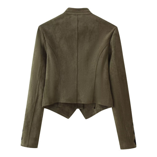 Damen Kurz geschnittene Wildlederjacke im Military‑Look mit Stehkragen und dekorativer Kordelfrosch‑Applikation Nord Taschen