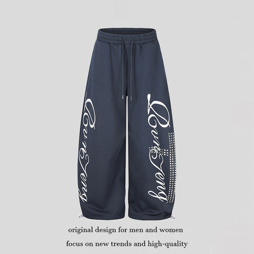 Damen Palazzo-Sweatpants im Culotte-Stil mit hohem Bund, Tunnelzug, Schriftprint und Strassbesatz Nord Taschen