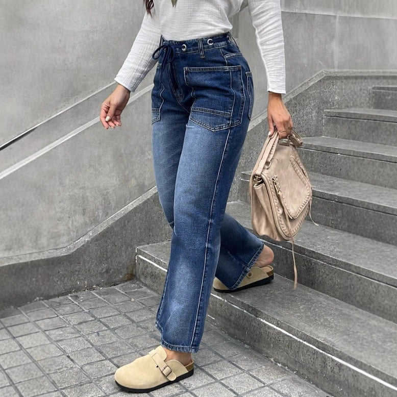 Damen Hochtaillierte Jeans mit geradem Bein, Tunnelzugbund und aufgesetzten Taschen Nord Taschen