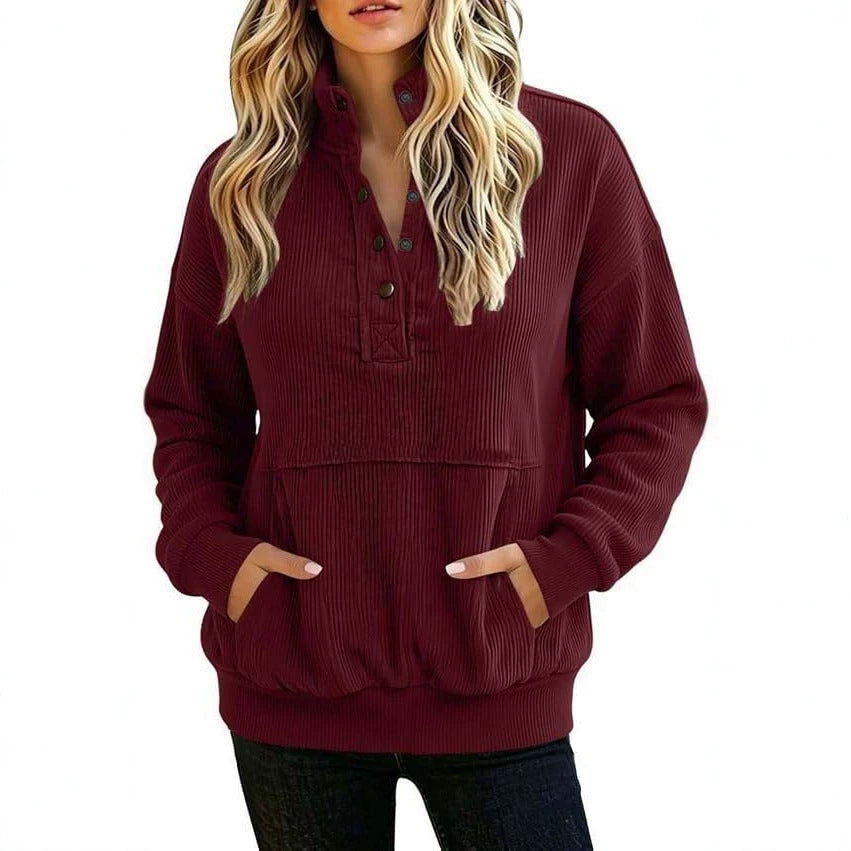 Damen gerippter Henley-Pullover mit Stehkragen und Kängurutasche Nord Taschen