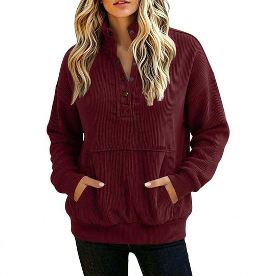 Damen gerippter Henley-Pullover mit Stehkragen und Kängurutasche Nord Taschen