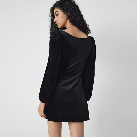 Damen Samt-Minikleid mit quadratischem Ausschnitt gerafftem Bustier und Ballonärmeln Nord Taschen