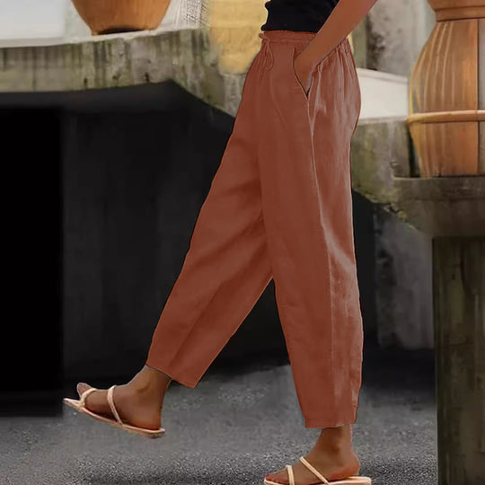 Damen Leinen-Mischung Cropped-Hose mit elastischem Bund, Kordelzug und Seitentaschen Nord Taschen