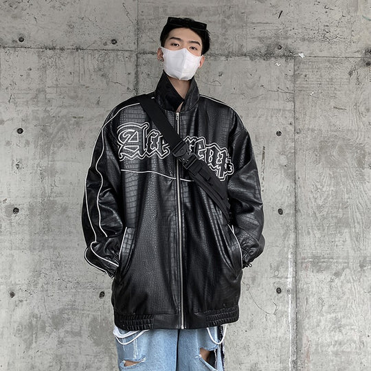 Herren Oversized Kunstlederjacke mit Krokodilprägung und Kontrastpaspel Nord Taschen