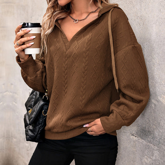 Damen Gemütlicher Strickpullover mit V-Ausschnitt und Kapuze Nord Taschen