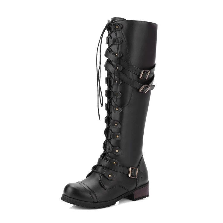 Damen Kniehohe Schnürstiefel im Vintage-Militärstil mit Doppelschnallen und robuster Profilsohle Nord Taschen